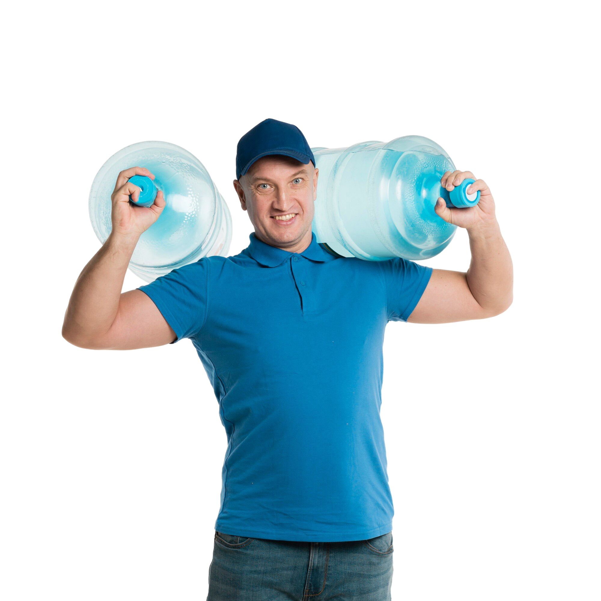 Delivery person in blue uniform carrying water bottles